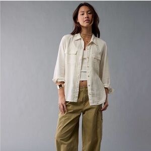 AE Women's Linen-Blend Long-Sleeve Button-Up Shirt